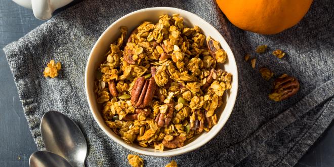 Bowl of pumpkin granola.